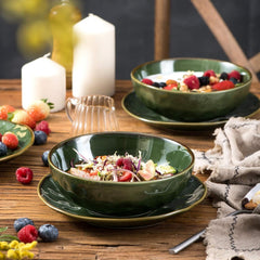 vicrays Ceramic Salad Bowls Set for Kitchen, Serving - 32 Ounce Soup Bowls, Pasta Bowls, Chip Resistant, Dishwasher Microwave Safe, Large, Fluted, stoneware, Set of 4 (Green)