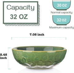 vicrays Ceramic Salad Bowls Set for Kitchen, Serving - 32 Ounce Soup Bowls, Pasta Bowls, Chip Resistant, Dishwasher Microwave Safe, Large, Fluted, stoneware, Set of 4 (Green)