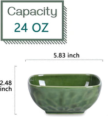 vicrays Ceramic Square Bowls Set - 24 Ounce Soup Dessert Snack Bowls, Stoneware Fluted Bowls Set for Kitchen, Serving, Chip Resistant, Dishwasher Microwave Safe, Set of 6 (Green)