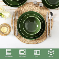 Vicrays Ceramic 12 Pieces Dinnerware Set - Dinner Plates Cereal Bowls Salad Plates Set Service for 4 - Scratch Resistant Dishwasher Safe Microwave Oven - Green