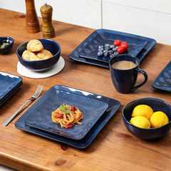 vicrays Ceramic Square Plates Set of 6 - Large Porcelain 10 inch Dinner Plates for Steak Pasta Pizza - Microwave Oven and Dishwasher Safe - Blue