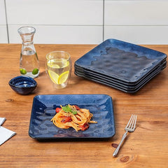 vicrays Ceramic Square Plates Set of 6 - Porcelain 8 inch Dinner Plates for Salad Dessert Appetizer Bread - Microwave Oven and Dishwasher Safe - Blue