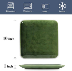 vicrays Ceramic Square Plates Set of 6 - Large Porcelain 10 inch Dinner Plates for Steak Pasta Pizza - Microwave Oven and Dishwasher Safe - Green