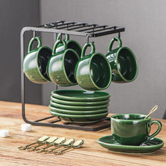 vicrays Ceramic Espresso Coffee Cups - 4 oz Porcelain Espresso Cups Set with Saucers Spoons and Metal Stand for Tea Cafe Cappuccino Latte - Set of 6 - Green