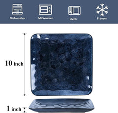 vicrays Ceramic Square Plates Set of 6 - Large Porcelain 10 inch Dinner Plates for Steak Pasta Pizza - Microwave Oven and Dishwasher Safe - Blue