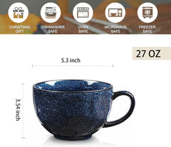 vicrays Jumbo Soup Mug Coffee Large - Ceramic Wide Oversized Extra Big Handle Bowls Latte Friends Mug Set Gaint Cereal Oatmeal Cappuccino Cup Set 27 oz