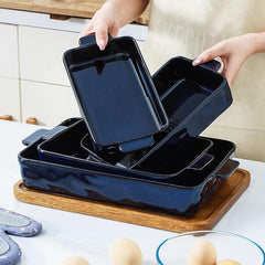 VICRAYS Keramik-Backformen-Set, rechteckige Lasagneformen aus Porzellan, Auflaufform-Set zum Backen, Kochen, für die Küche, Kuchen, Abendessen, Bankett und den täglichen Gebrauch, 4-teilig, Blau (24,2 cm/28,1 cm/29,9 cm/37 cm)