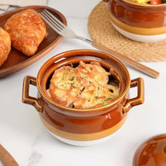 vicrays French Onion Soup Bowls with Lids and Handles, 18 Ounce for Soup, Beef Stew, Chili, Chip Resistant, Dishwasher Microwave Safe, Set of 4 (Brown)
