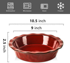 vicrays Ceramic Pie Pan for Baking - 9 inch Pie Plate, Round, Fluted and Deep Pie Dish for Tart, Pizza, Apple Pie, Quiche, Pot Pies, Cake - Reactive Glaze (Cherry Red)