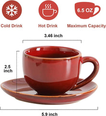 vicrays 6.5 oz Cappuccino Cups with Saucers, Set of 4, Ceramic Coffee Cup for Au Lait, Double shot, Latte, Cafe Mocha, Tea (Cherry Red)