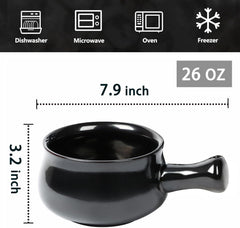 vicrays French Onion Soup Bowls With Handles, 26 Ounce for Soup, Chili, Beef Stew, Chip Resistant, Dishwasher Microwave Safe, Set of 4 (Black)