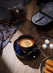 vicrays Ceramic Espresso Coffee Cups Set 4 oz Porcelain Espresso Cups with Saucers Spoons and Metal Stand for Tea Cafe Cappuccino Latte - Set of 6 - Blue