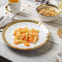 Vicrays 12-Piece Ceramic Dinnerware Set, Dinner Plates, Salad Plates & Cereal Bowls, Dish Set for 4, Microwave, Oven & Dishwasher Safe, Scratch Resistant, White with Golden