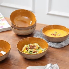 vicrays Ceramic Salad Bowls Set for Kitchen, Serving - 32 Ounce Soup Bowls, Pasta Bowls, Chip Resistant, Dishwasher Microwave Safe, Large, Fluted, stoneware, Set of 6 (Beige)