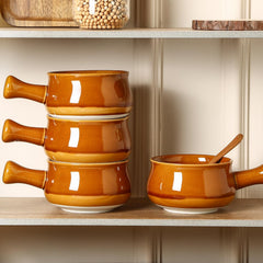 vicrays Französische Zwiebelsuppenschalen mit Griffen, 740 ml für Suppe, Chili, Gulasch, splitterfest, spülmaschinen- und mikrowellengeeignet, 4er-Set (Braun)