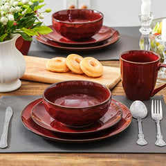 Vicrays 12-Piece Ceramic Dinnerware Set, Dinner Plates, Salad Plates & Cereal Bowls, Dish Set for 4, Microwave, Oven & Dishwasher Safe, Scratch Resistant, Cherry Red