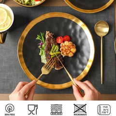vicrays Ceramic Dinner Plates Set, 10 Inch, Set of 6, Round, Dishwasher Safe, NOT Microwave Safe, Suitable for Steak, Pasta, Home, Party, Restaurant(Black with Golden)
