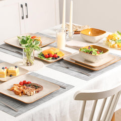 vicrays Keramik-Quadrat-Geschirrset 12-teilig – Speiseteller Salatteller Müslischalen Set Service für 4 – Kratzfest Mikrowellenfest Spülmaschinenfest – Beige
