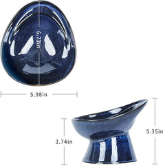 Vicrays Ceramic Cat Bowl Set - Cat Food Feeding Bowls for Indoor Cats, Whisker Friendly Cute Cat Dish Plates, Microwave &amp; Dishwasher Safe, 2 Pack, 11 oz, 6.4 inch, Blue