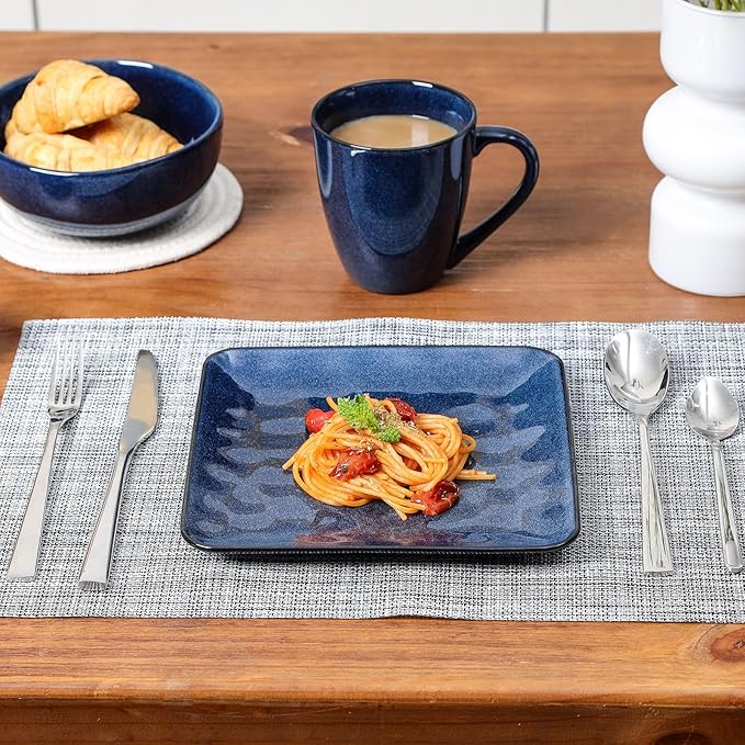 vicrays Ceramic Square Plates Set of 6 - Porcelain 8 inch Dinner Plates for Salad Dessert Appetizer Bread - Microwave Oven and Dishwasher Safe - Blue