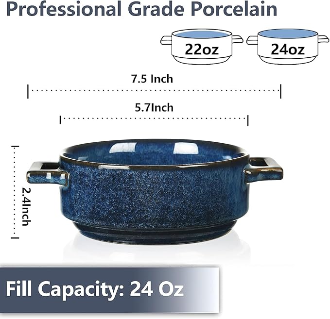 vicrays Keramik-Suppenschalen mit Griffen, 710 ml Porzellan-Suppentassen für französische Zwiebelsuppe, Müsli, Rindergulasch, Chili, Nudeln, Topfkuchen, mikrowellen- und ofenfest, 4er-Set (Blau)