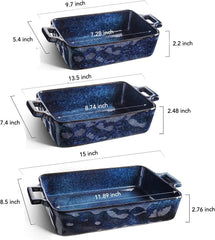VICRAYS Keramik-Backformen-Set, rechteckige Lasagneformen aus Porzellan, Auflaufform-Set zum Backen, Kochen, für Küche, Kuchen, Abendessen, Bankett und täglichen Gebrauch, 3 Stück, 38 x 21,5 cm (Blau)