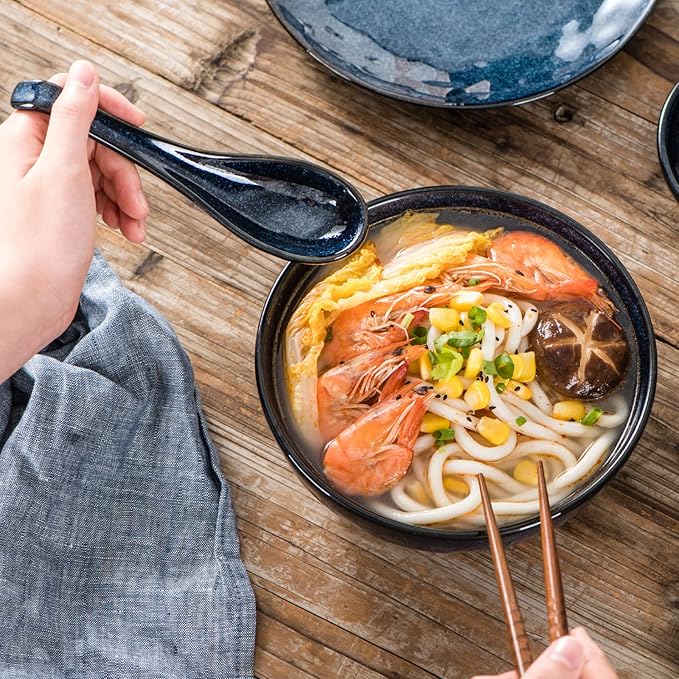 Vicrays Ceramic Soup Spoons Asian - Chinese Porcelain Soup Spoons Japanese 6.4 inch Ladle Serving Utensils for Ramen Dumplings Wonton Pho Miso Noodle Cereal Coffee Mugs - Set of 6 Blue