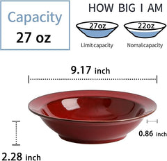 vicrays Wide Rim Soup Bowls - 27oz Ceramic Pasta Plates Bowl Set of 4 for Gumbo Salad Spaghetti Dipping Bread Dishes Home Restaurant Use - Microwave Dishwasher Oven Safe - Cherry Red