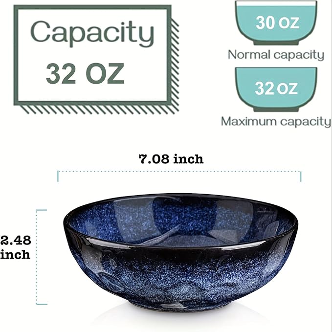 vicrays Ceramic Salad Bowls Set for Kitchen, Serving - 32 Ounce Soup Bowls, Pasta Bowls, Chip Resistant, Dishwasher Microwave Safe, Large, Fluted, stoneware, Set of 4 (Blue)