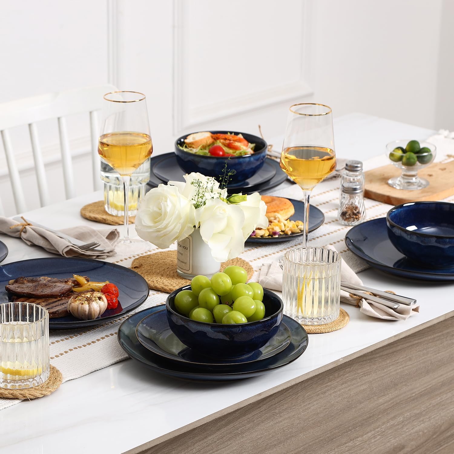 vicrays Keramik Salatschüssel-Set für die Küche, 770 ml Porzellan Suppen-Salat-Reis-Dessert-Creme-Set – stoßfest, spülmaschinen- und mikrowellenfest – 6er-Set (Blau)