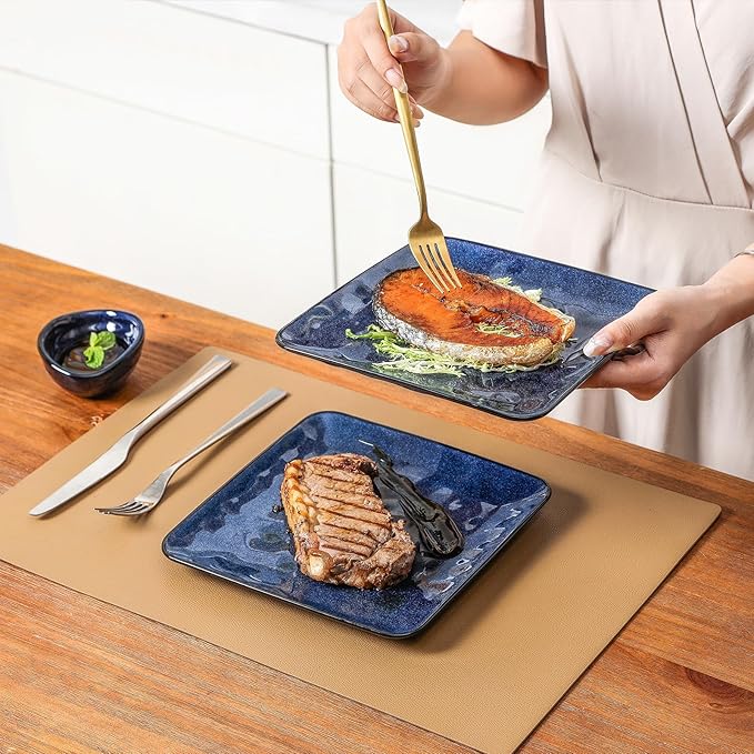 vicrays Ceramic Square Plates Set of 6 - Large Porcelain 10 inch Dinner Plates for Steak Pasta Pizza - Microwave Oven and Dishwasher Safe - Blue