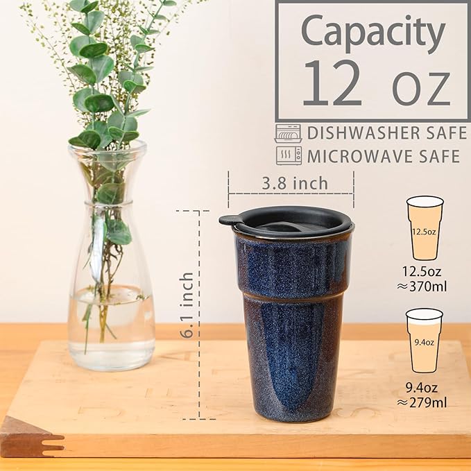 vicrays Ceramic Travel Coffee Mug with Lid, Insulated Reusable Tall Cup, Portable Easy Carrying Coffee Mug for Car Cup Holders, Dishwasher Safe, 12oz, Reactive Glaze (Blue)