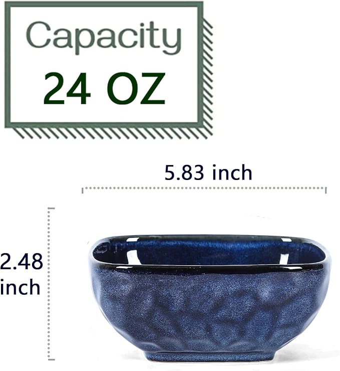 vicrays Ceramic Square Bowls Set - 24 Ounce Soup Dessert Snack Bowls, Stoneware Fluted Bowls Set for Kitchen, Serving, Chip Resistant, Dishwasher Microwave Safe, Set of 6 (Starry Blue)