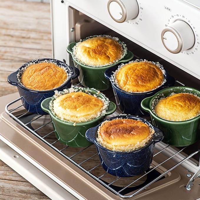 Creme Brulee Ramekins Ceramic Bowls - VICRAYS Mini Custard Cups 6 oz oven Safe Bowls Souffle Dishes for Baking Individual Casserole Dipping Sauce Pioneer Woman Bakeware Set of 6, Blue