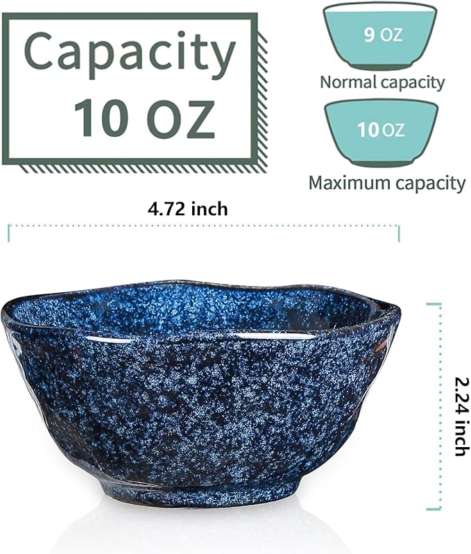 vicrays Ceramic Small Dessert Bowls Set - 10 oz, Set of 6, Microwave, Oven and Dishwasher Safe, for Rice, Ice Cream, Soup, Snacks, Cereal, Side Dishes, Kitchen Bowls Set (Starry Blue)