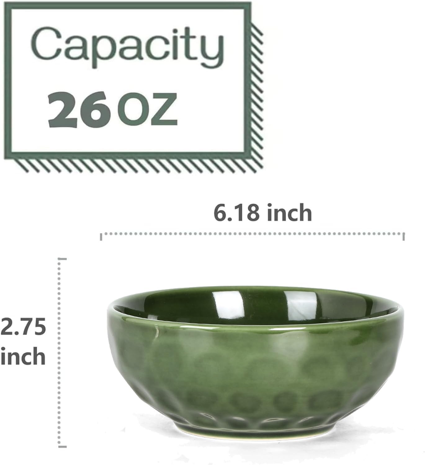 vicrays Ceramic Salad Bowls Set for Kitchen, Serving - 26 Ounce Soup Bowls, Pasta Bowls, Chip Resistant, Dishwasher Microwave Safe, Large, Fluted, stoneware, Set of 6 (Green)