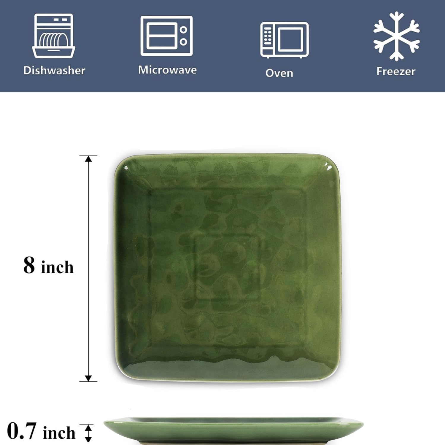 vicrays Keramik-Quadratische Teller, 6er-Set - Porzellan 20,3 cm Essteller für Salat, Dessert, Vorspeise, Brot - Mikrowellen- und Spülmaschinenfest - Grün