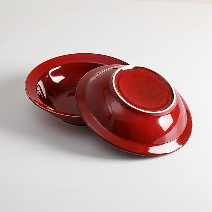 vicrays Wide Rim Soup Bowls - 27oz Ceramic Pasta Plates Bowl Set of 4 for Gumbo Salad Spaghetti Dipping Bread Dishes Home Restaurant Use - Microwave Dishwasher Oven Safe - Cherry Red