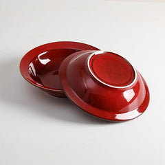 vicrays Wide Rim Soup Bowls - 27oz Ceramic Pasta Plates Bowl Set of 4 for Gumbo Salad Spaghetti Dipping Bread Dishes Home Restaurant Use - Microwave Dishwasher Oven Safe - Cherry Red