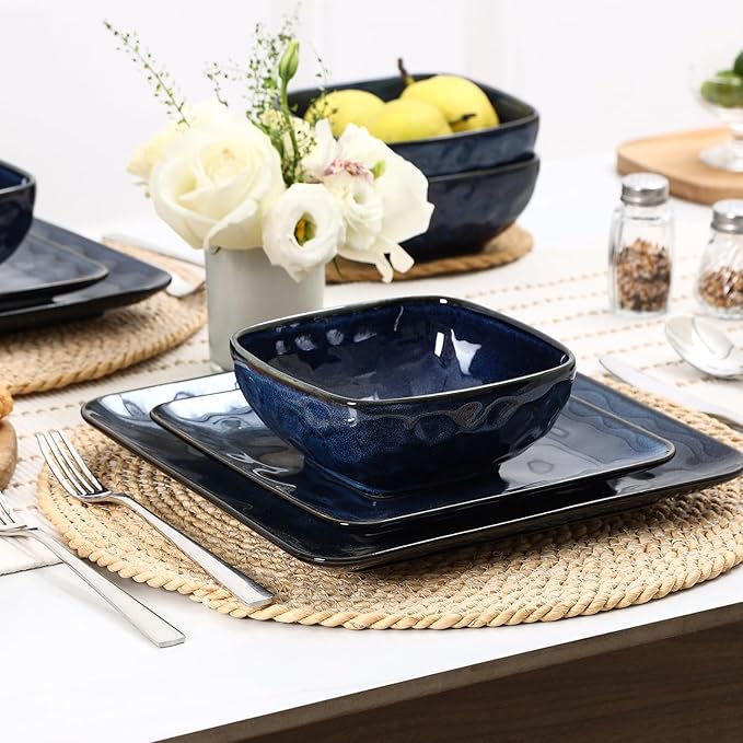 vicrays Ceramic Square Bowls Set - 24 Ounce Soup Dessert Snack Bowls, Stoneware Fluted Bowls Set for Kitchen, Serving, Chip Resistant, Dishwasher Microwave Safe, Set of 6 (Starry Blue)