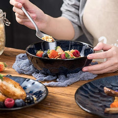 vicrays Ceramic Salad Bowls Set for Kitchen, Serving - 32 Ounce Soup Bowls, Pasta Bowls, Chip Resistant, Dishwasher Microwave Safe, Large, Fluted, stoneware, Set of 4 (Blue)