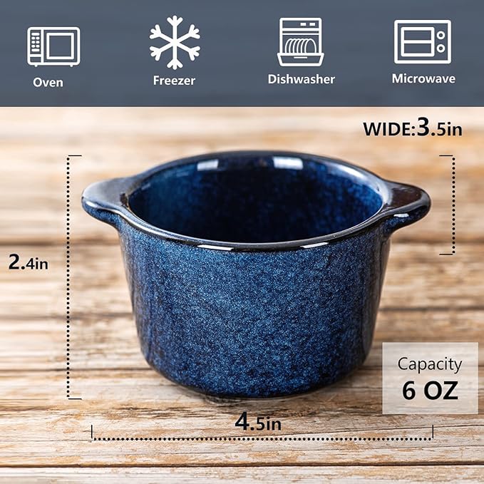 Creme Brulee Ramekins Ceramic Bowls - VICRAYS Mini Custard Cups 6 oz oven Safe Bowls Souffle Dishes for Baking Individual Casserole Dipping Sauce Pioneer Woman Bakeware Set of 6, Blue