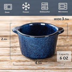 Creme Brulee Ramekins Ceramic Bowls - VICRAYS Mini Custard Cups 6 oz oven Safe Bowls Souffle Dishes for Baking Individual Casserole Dipping Sauce Pioneer Woman Bakeware Set of 6, Blue