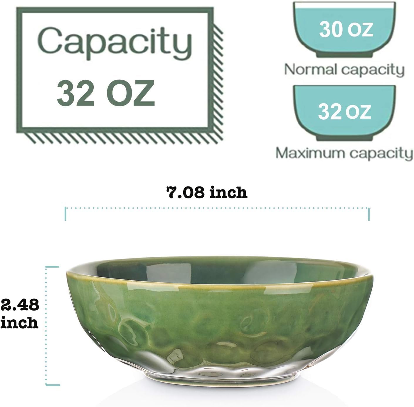 vicrays Ceramic Salad Bowls Set for Kitchen, Serving - 32 Ounce Soup Bowls, Pasta Bowls, Chip Resistant, Dishwasher Microwave Safe, Large, Fluted, stoneware, Set of 4 (Green)