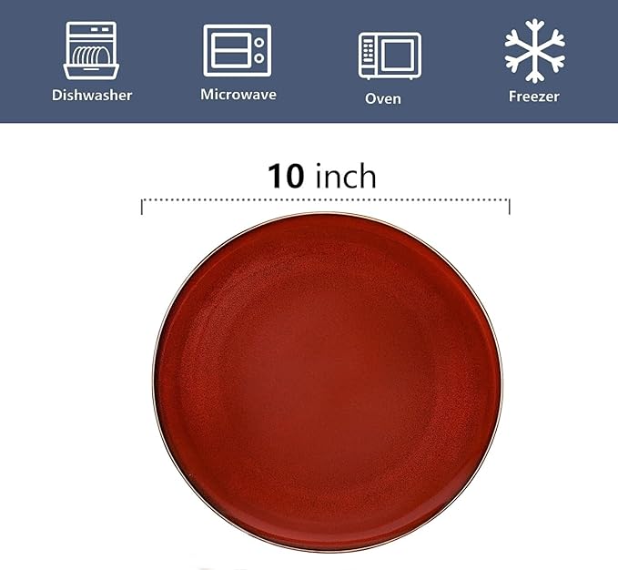 vicrays Ceramic Round Plates Set of 6 - Porcelain 10 inch Dinner Plates for Salad Dessert Appetizer Bread - Microwave Oven and Dishwasher Safe Cherry Red