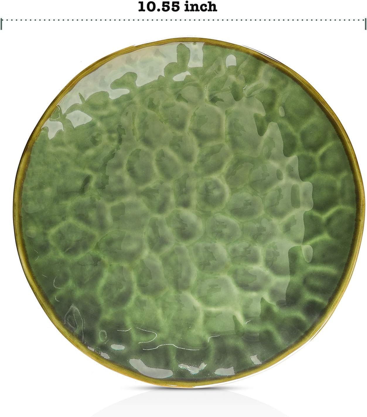 vicrays Ceramic Dinner Plates Set, 10.5 Inch, Set of 4, Round, Microwave, Oven, Dishwasher Safe, Porcelain Fluted Suitable for Steak, Pasta, Pizza, Home, Party, Restaurant (Green)