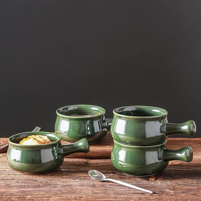 vicrays French Onion Soup Bowls With Handles, 26 Ounce for Soup, Chili, Beef Stew, Chip Resistant, Dishwasher Microwave Safe, Set of 4 (Green)