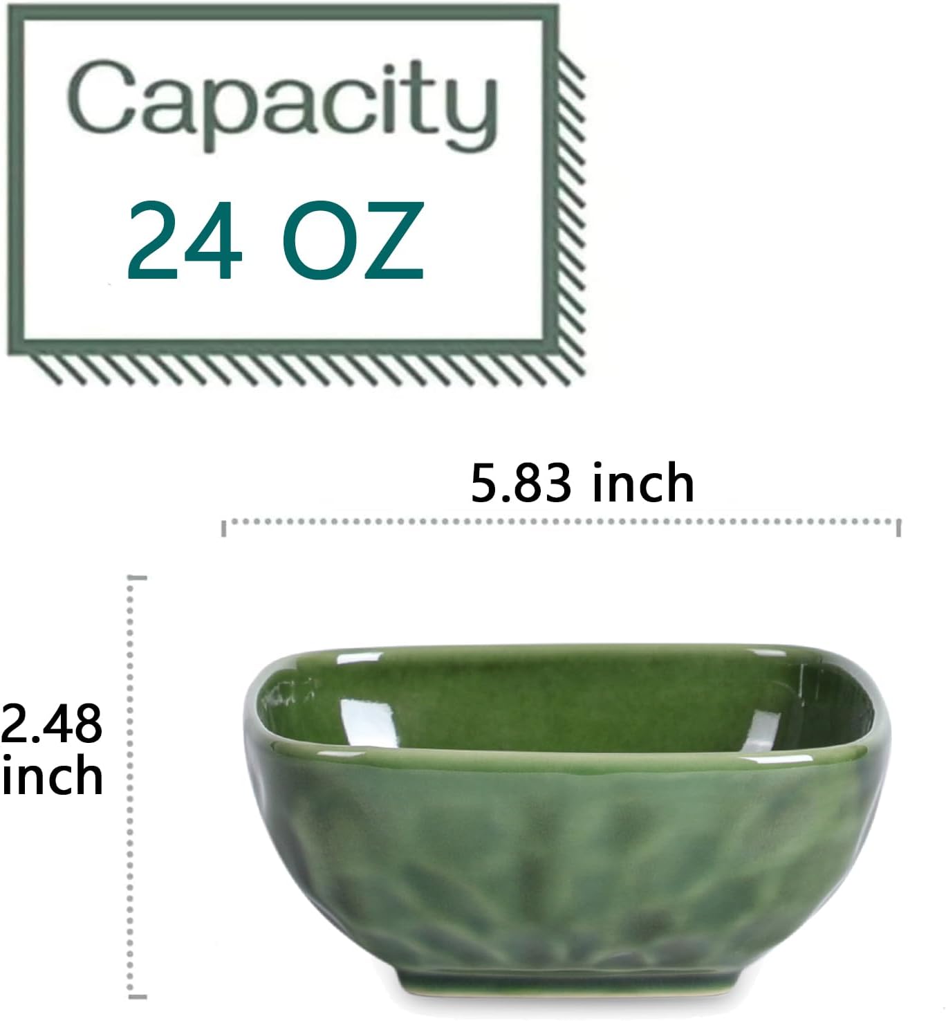 vicrays Ceramic Square Bowls Set - 24 Ounce Soup Dessert Snack Bowls, Stoneware Fluted Bowls Set for Kitchen, Serving, Chip Resistant, Dishwasher Microwave Safe, Set of 6 (Green)