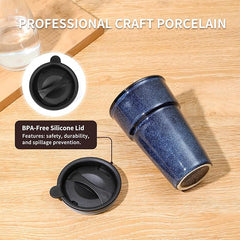 vicrays Ceramic Travel Coffee Mug with Lid, Insulated Reusable Tall Cup, Portable Easy Carrying Coffee Mug for Car Cup Holders, Dishwasher Safe, 12oz, Reactive Glaze (Blue)