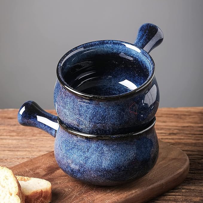 vicrays Französische Zwiebelsuppenschalen mit Griffen, 740 ml für Suppe, Chili, Rindfleischeintopf, bruchsicher, spülmaschinen- und mikrowellengeeignet, 4er-Set (Blau)